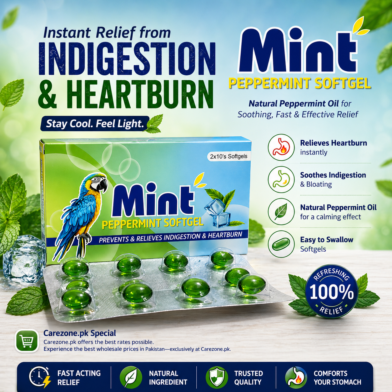 Mint Peppermint Softgel Capsules – Fast Relief from Gas & Indigestion (20 Capsules)- Clinically Trusted Digestive Relief