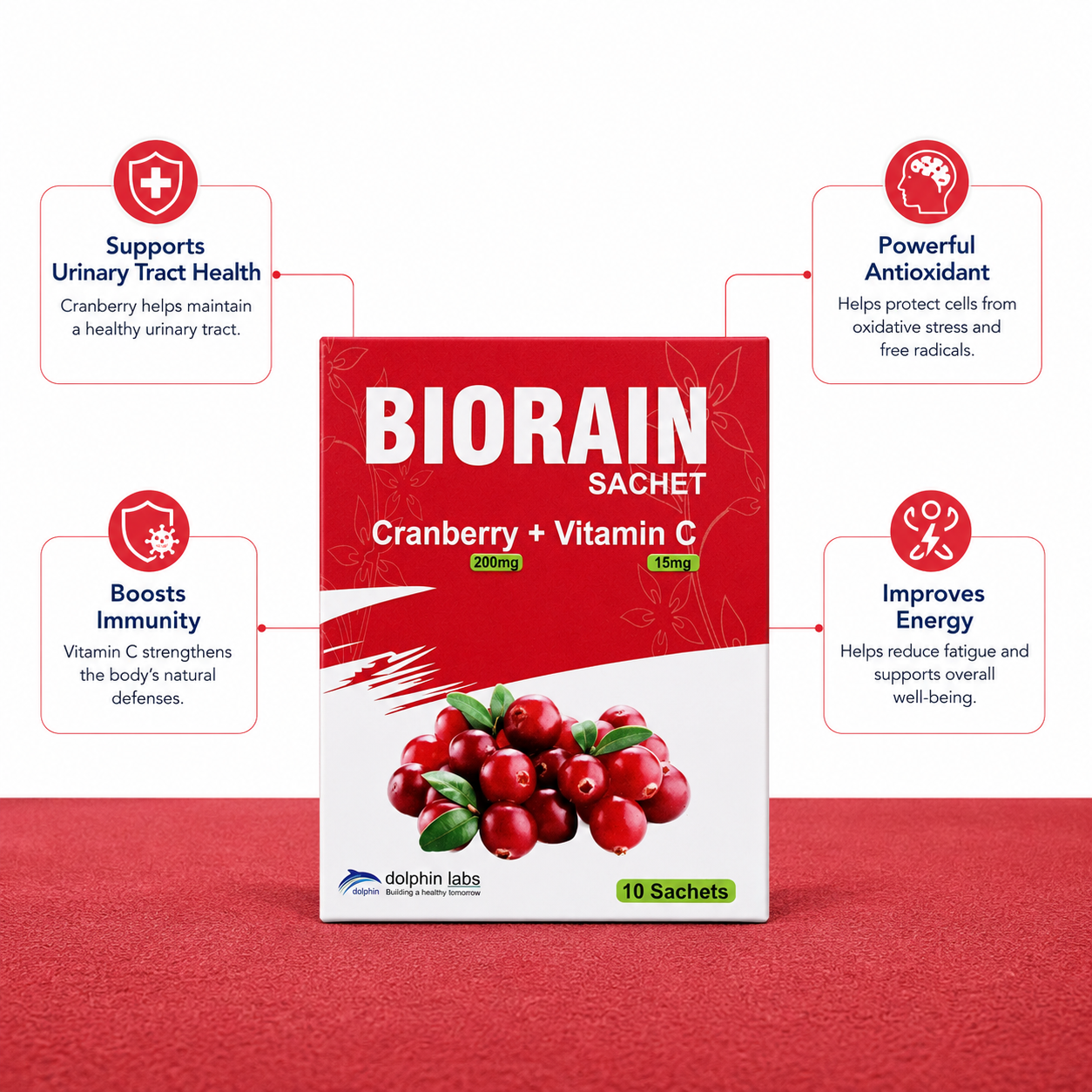 Biorain Sachets – Cranberry Extract 200mg + Vitamin C 15mg for Urinary Tract Health & UTI Support | 10 Sachets