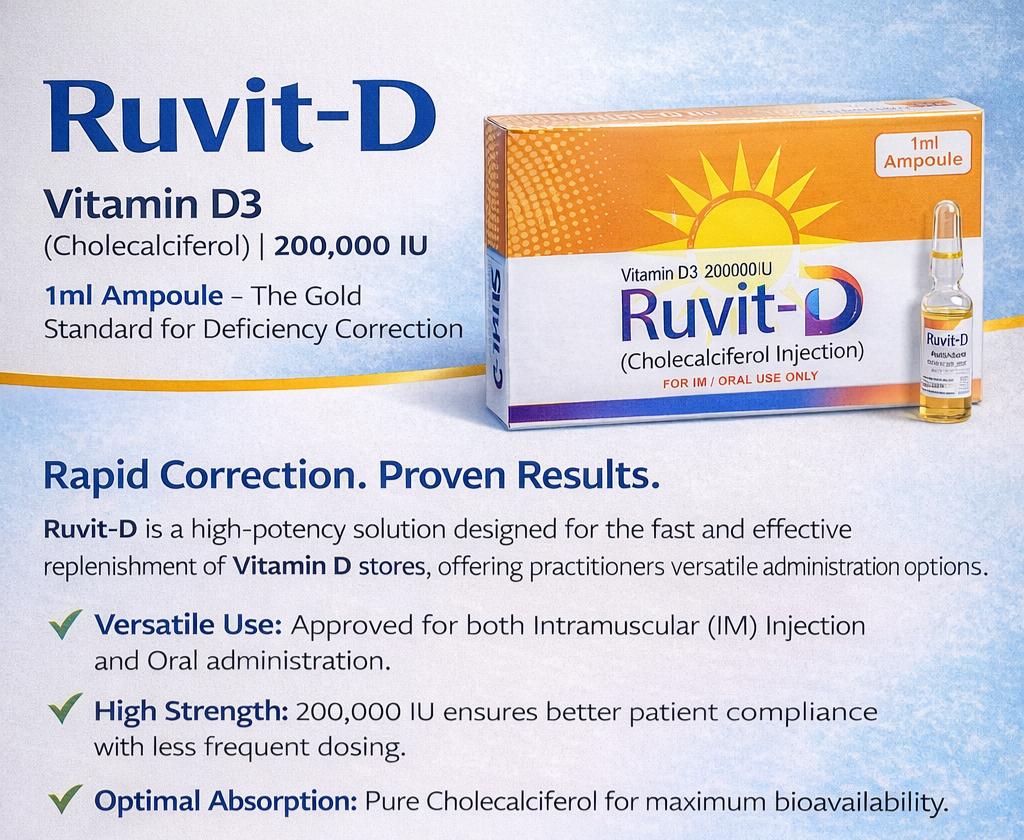 Ruvit-D Injection 200,000 IU – Vitamin D3 (Cholecalciferol) 1ml Ampoule | IM / Oral Use | Ruvit-D Price in Pakistan