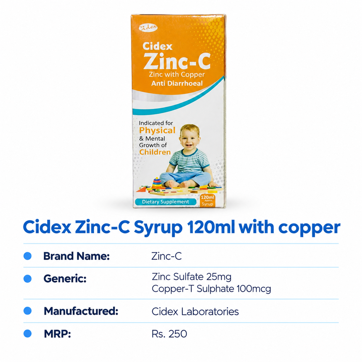 Cidex Zinc-C Syrup – Zinc Sulphate + Copper Sulphate | Anti-Diarrheal & Growth Support | 120ml