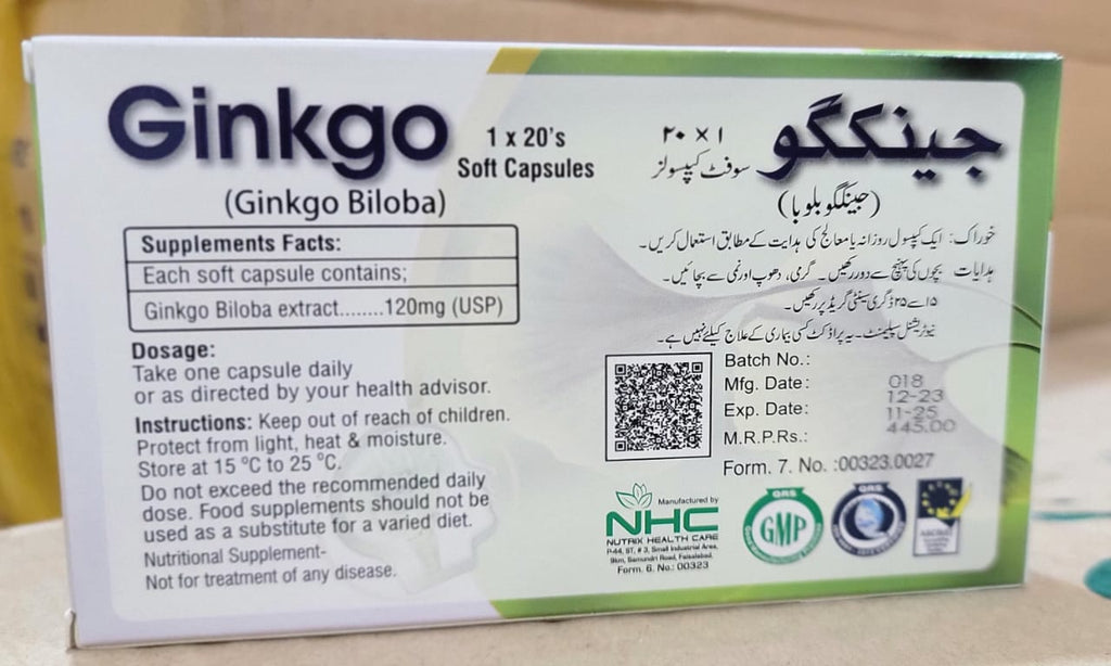 Ginkgo Capsules | Ginkgo Biloba Extract 120mg | Brain Booster & Memory Support - 20 Capsules